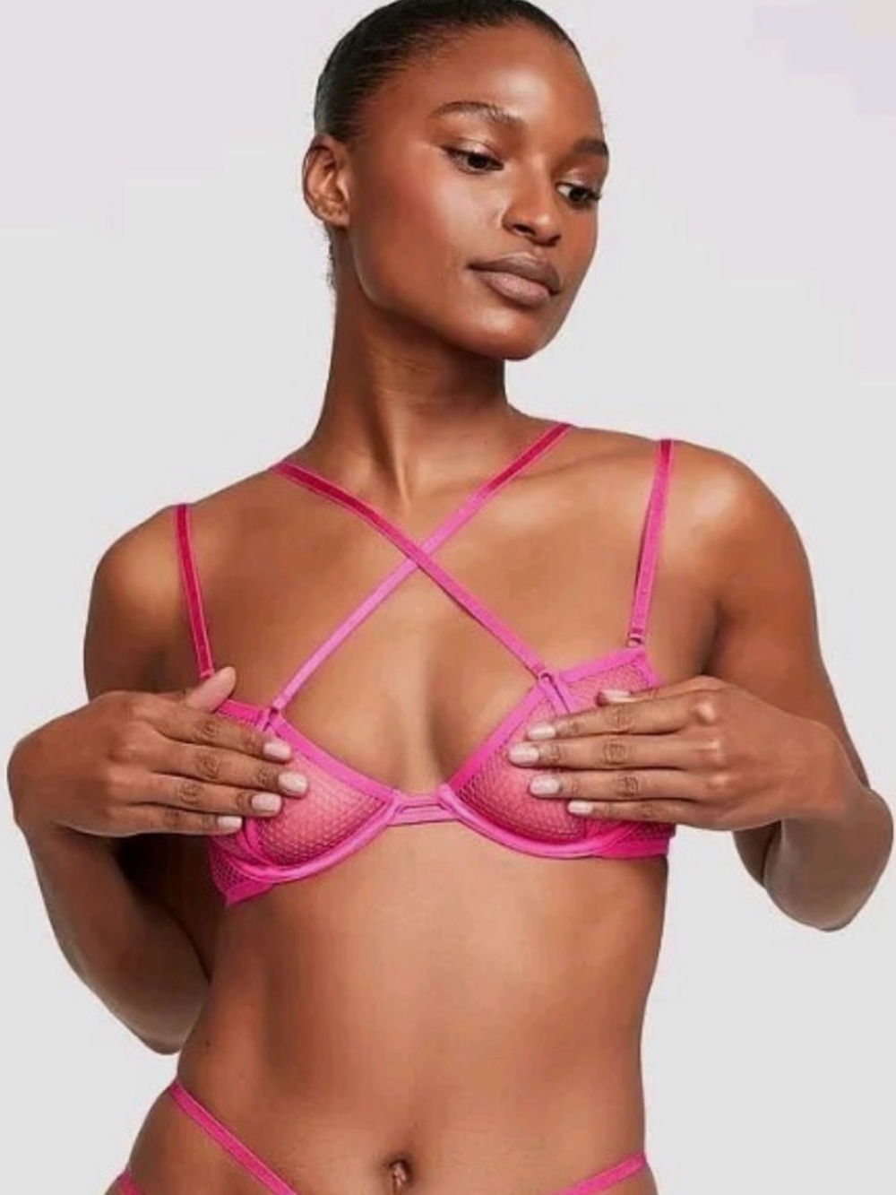 Victoria's Secret Strappy Fishnet Open-Cup Bra in Fuchsia